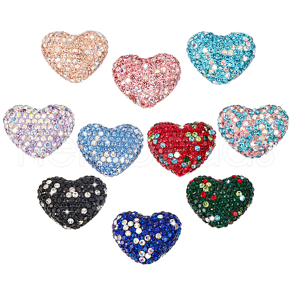   10Pcs 10 Color Heart Handmade Polymer Clay Rhinestone Beads CLAY-PH0001-90-1