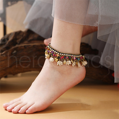 Bohemian Dyed Synthetic Turquoise Elephant & Brass Fish Heart Beaded Tassel Anklets for Women FS-WG11539-07-1