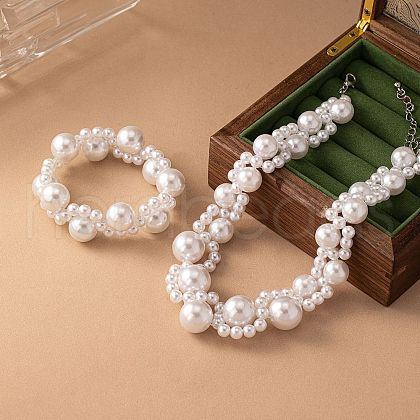 Plastic Imitation Pearl Round Beaded Necklace & Bracelets Sets FS-WG85D91-01-1