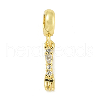 Rack Plating Brass Pave Clear Cubic Zirconia Fork European Dangle Charms KK-Z067-33G-1