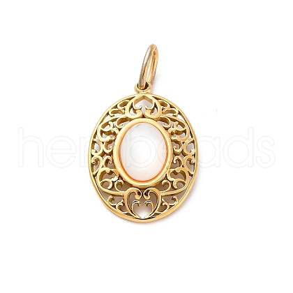 304 Stainless Steel Pave Natural Shell Hollow Oval Pendants STAS-I331-33G-1
