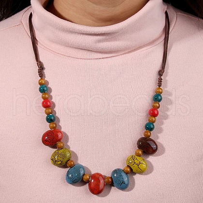 Ethnic Style Oval Porcelain Beaded Bib Necklaces with Imitation Leather Cord FS-WGD6870-02-1