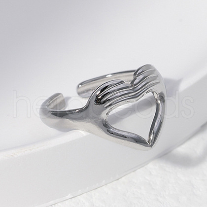 Stainless Steel Heart Hands Open Cuff Ring for Women HEAR-PW0001-090P-9-1