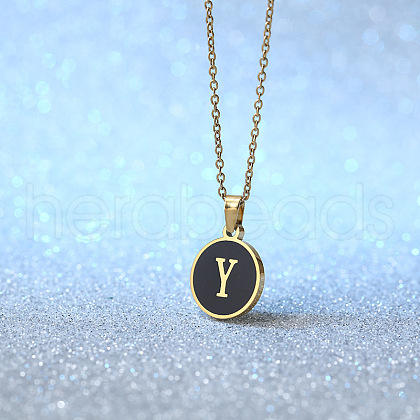 Alloy Black Enamel Disc with Initial Pendant Necklaces for Women WGEDF6F-25-1