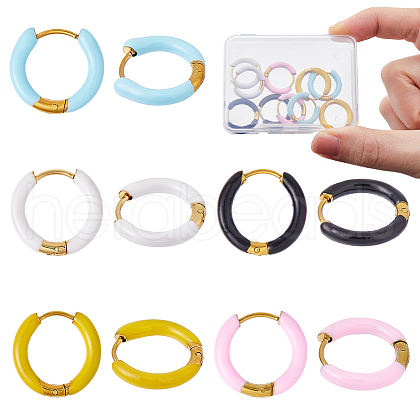 DICOSMETIC 5 Pairs 5 Color 316 Stainless Steel Enamel Ring Hoop Earrings EJEW-DC0001-39A-1