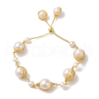 Natural Pearl Links Silder Bracelets BJEW-C051-54G-1