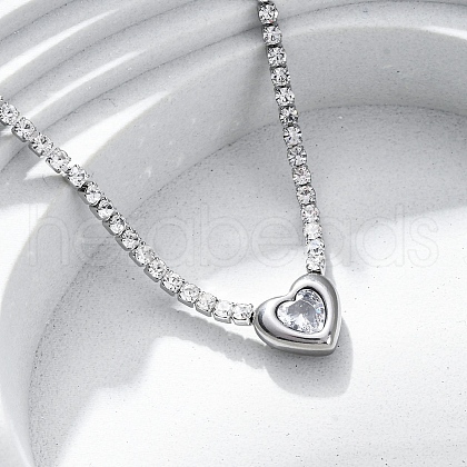 304 Stainless Steel Clear Cubic Zirconia Heart Pendant Necklaces for Women NJEW-Z044-15P-02-1