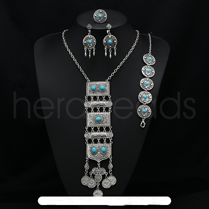 Rectangle Alloy with Resin Pendant Necklace & Stud Dangle Earring & Link Bracelet & Ring FS-WGB1F06-08-1