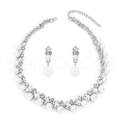 Rhombus Alloy & Plastic Pearl & Crystal Rhinestone Pendant Necklace & Stud Dangle Earring FS-WGAC24E-02-1