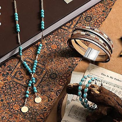 Alloy & Synthetic Turquoise Round Beaded Pendant Necklace & Stud Earrings Sets FS-WGF9BFC-01-1