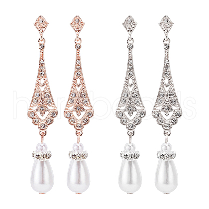 ANATTASOUL 2 Pairs 2 Colors Plastic Pearl Dangle Stud Earrings with Rhinestone EJEW-AN0004-19-1