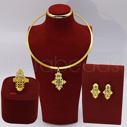 Ethiopia Cross Alloy Pendant Choker & Stud Earring & Ring Sets FS-WGF30ED-01-1