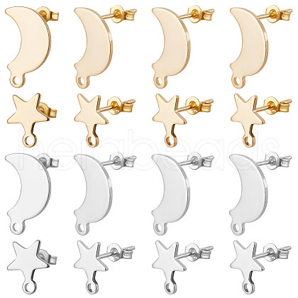 Beebeecraft 40 Pairs 4 Style Moon & Star 304 Stainless Steel Stud Earring Findings STAS-BBC0002-41-1