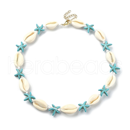 Natural Shell & Synthetic Turquoise Starfish Beaded Necklace with 304 Stainless Steel Clasps X-NJEW-TA00107-01-1