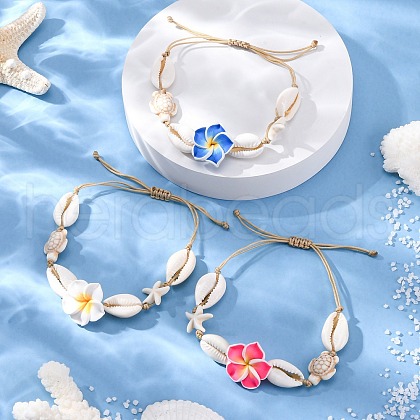 Natural Mixed Cowrie Shell Beads & Synthetical Turquoise Beads Braided Bead Bracelets BJEW-TA00641-1