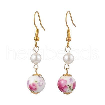 Printed Porcelain & Shell Pearl Dangle Earrings for Women EJEW-JE05812-1