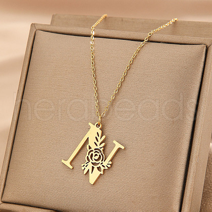 304 Stainless Steel Flower Initial Pendant Necklaces WGE911E-14-1