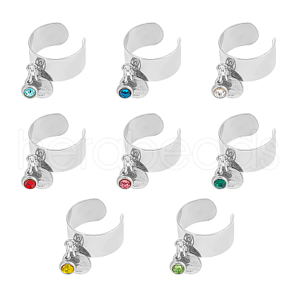Mother's Day 8Pcs 8 Color Birthstone Rhinestone & 201 Stainless Steel Flat Round Charm Rings Set RJEW-AB00004-1