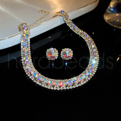 Square Brass Rhinestone Chain Necklaces & Stud Earrings Sets WG5A820-09-1