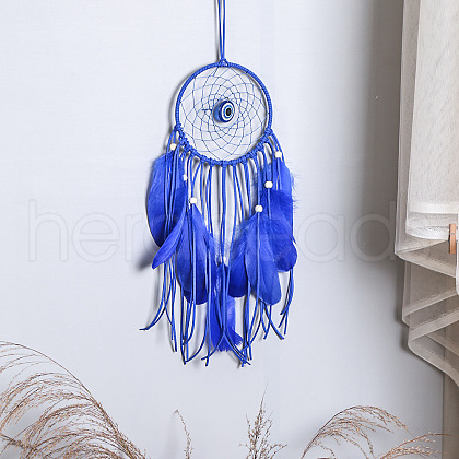 Cotton and linen Woven Net/Web with Feather Wall Hanging Decoration EVIL-PW0002-11C-1