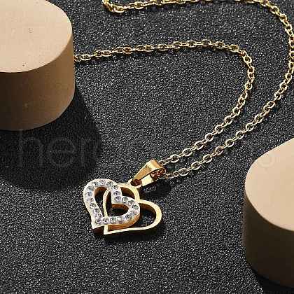 304 Stainless Steel Crystal Rhinestone Heart Pendant Cable Chain Necklaces for Women NJEW-Z056-01B-G-1