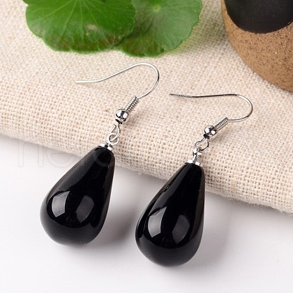 Natural Dyed & Heated Black Agate Teardrop Dangle Earrings EJEW-J086-02-1