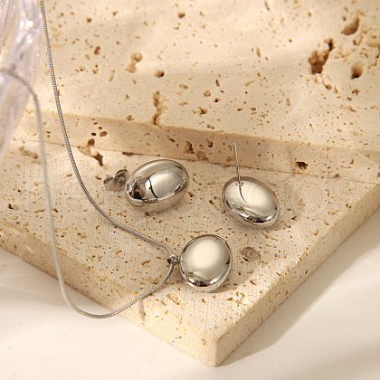 Fashion Oval Stainless Steel Stud Earrings & Pendant Necklaces Sets for Women TU0111-1-1