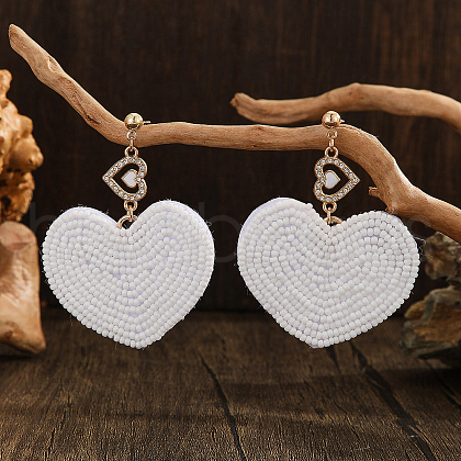 Bohemian Style Handmade Glass Seed Beads Heart Dangle Stud Earrings KE8893-2-1