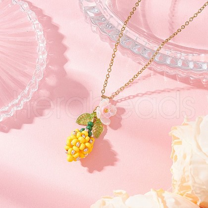 Glass Seed Beaded & Imitation Pearl Flower Pendant 304 Stainless Steel Cable Chain Necklaces for Women NJEW-MZ00115-03-1