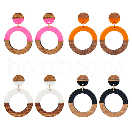FIBLOOM 3 Pairs 3 Colors Resin & Wooden Donut Dangle Stud Earrings with 316 Surgical Stainless Steel Pins EJEW-FI0002-47-1