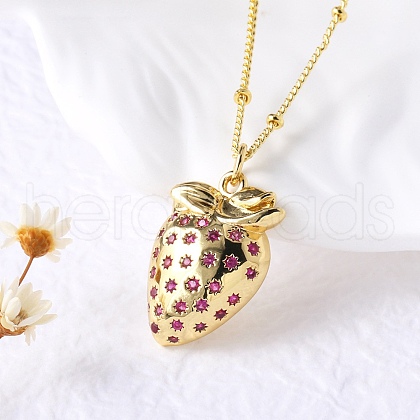 Brass Micro Pave Camellia Cubic Zirconia Fruit Pendant Necklaces for Women NJEW-U042-02A-G-1