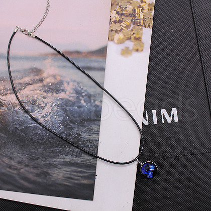 Luminous Zinc Alloy & Glass Flat Round with Constellation Pendant Black Korean Waxed Cord Necklaces WG08639-10-1