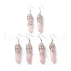 Natural Rose Quartz Bullet with Flower Dangle Earrings EJEW-G300-02P-01-1