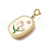 Oval with Flower 304 Stainless Steel Enamel & Rhinestone Pendant Decorations STAS-H202-40G-2