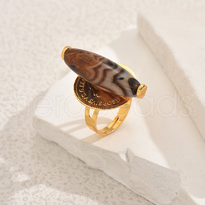 Brass with Natural Agate Adjustable Finger Rings for Women UT5601-1