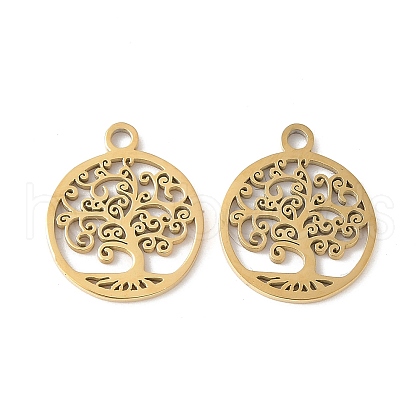 304 Stainless Steel Flat Round with Laser Cut Tree of Life Charms STAS-L022-512G-1