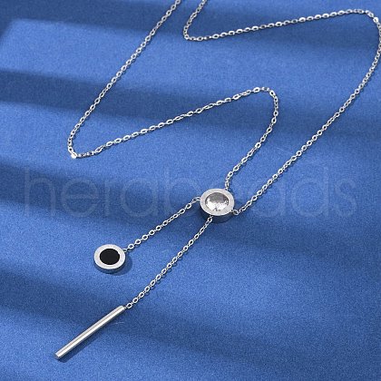 304 Stainless Steel Crystal Rhinestone Flat Round Pendant Y Necklaces NJEW-V001-03P-1