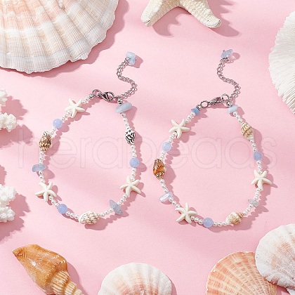 Summer Natural Dyed Aquamarine & Round White Jade & Natural Sea Shell & Shell Pearl & Synthetic Turquoise Starfish Beaded Anklets AJEW-AN00693-1