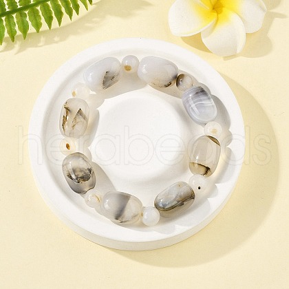 Natural Dendritic Agate Bead Stretch Bracelets G-P570-01D-1
