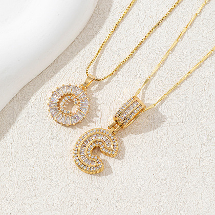 2Pcs 2 Styles Brass Pave Clear Cubic Zirconia Initial Pendant Necklace Sets FS-WGBC393-03-1
