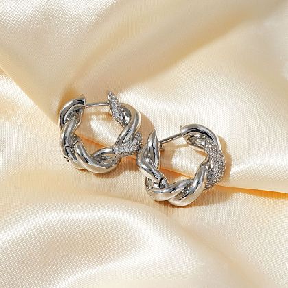 Elegant Brass Clear Cubic Zirconia Twisted Hoop Earrings XZ3454-2-1