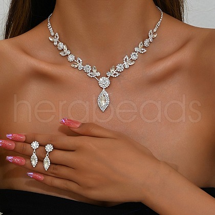 Leaf Brass Rhinestone Stud Earrings & Pendant Necklaces Set for Women SJEW-M102-01S-1