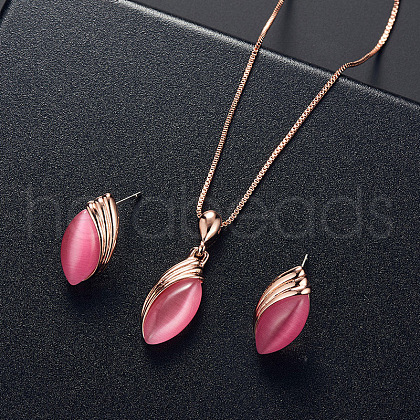 Horse Eye Alloy & Cat Eye Pendant Necklaces & Stud Earrings Sets FS-WG775AC-01-1