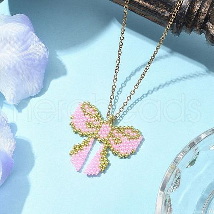 MIYUKI Delica Seed Beads Loom Pattern Bowknot Pendant Necklaces NJEW-MZ00097-01-1