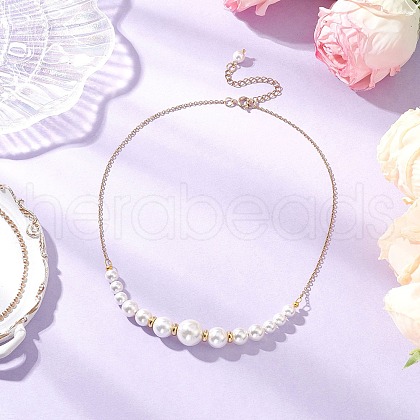 Round White Shell Pearl Graduated Beaded Necklaces for Women NJEW-JN05305-1