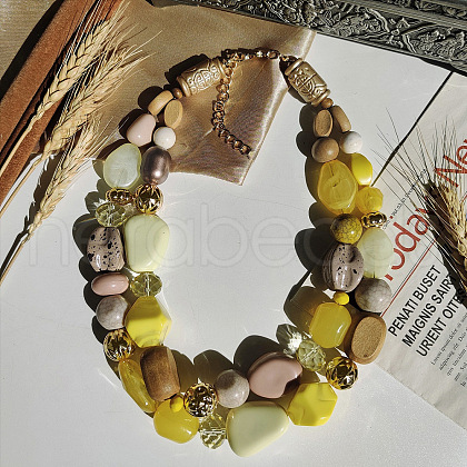Wood & Resin Nuggets Beaded Double Layer Necklaces for Women FS-WGB5610-03-1
