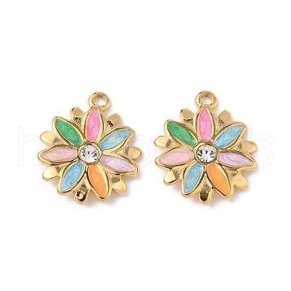 304 Stainless Steel Enamel Rhinestone Flower Pendants STAS-U057-04G-1