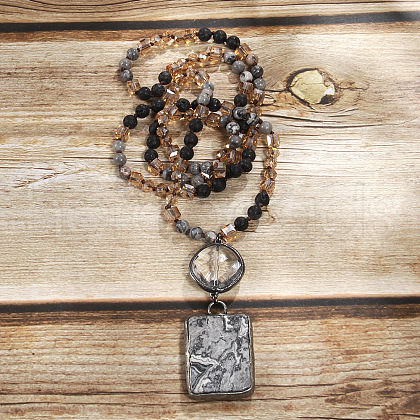 Rectangle & Flat Round Bohemian Style Natural Picasso Jasper with Glass Pendant Necklaces FS-WGEA5B3-02-1