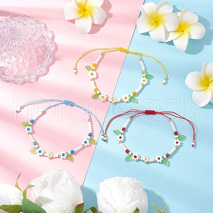 3Pcs 3 Colors Flower Handmade Millefiori Glass Bead Braided Bead Bracelets BJEW-MZ00165-1