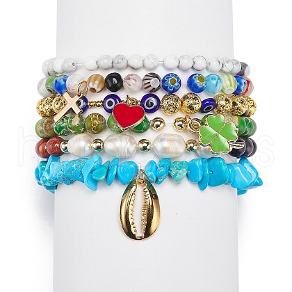 6Pcs 6 Style Natural Mixed Gemstone & Pearl & Glass Beaded Stretch Bracelets Set BJEW-JB08876-1